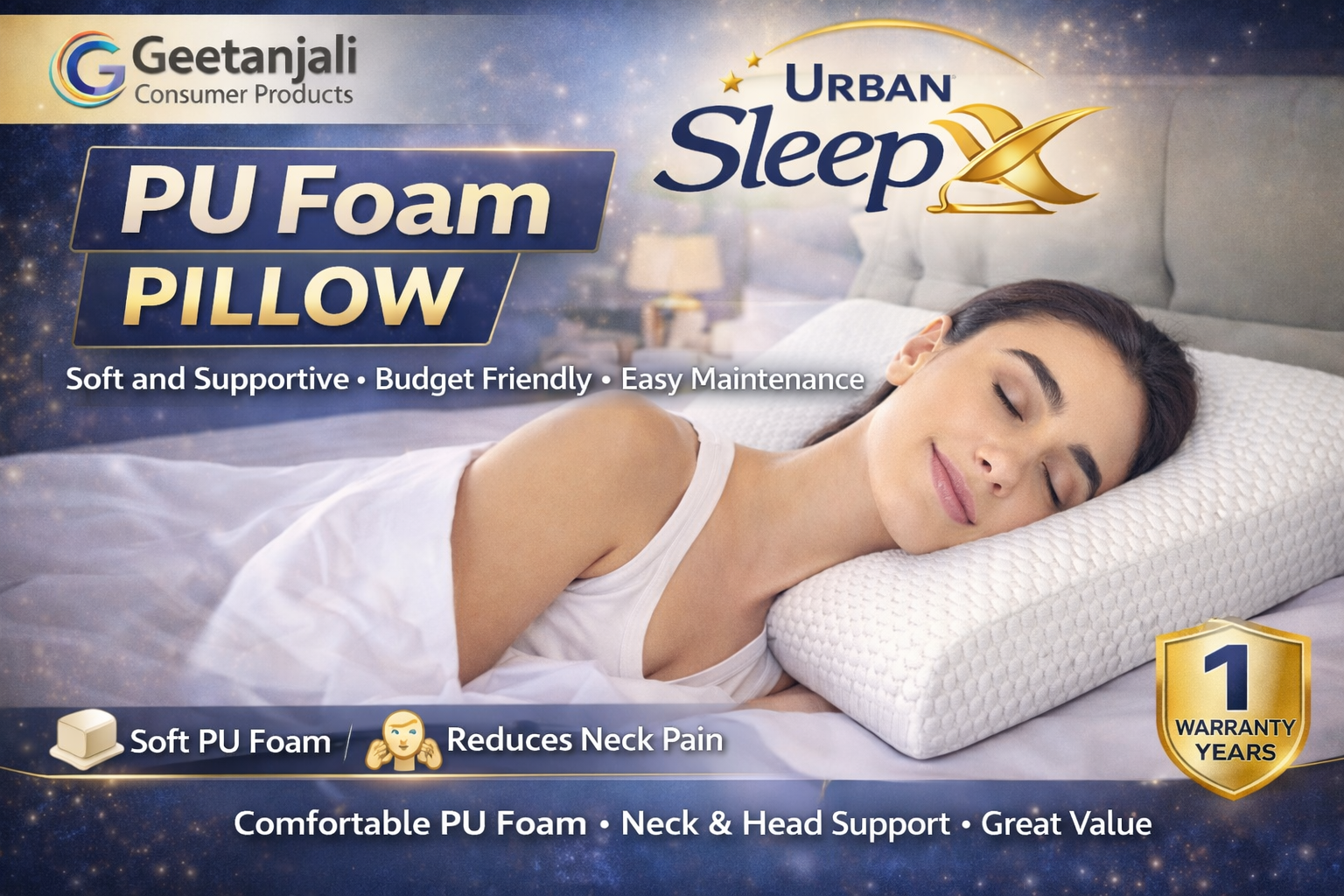 Urban SleepX PU Foam Pillow  Soft & Supportive Comfort | Budget Friendly | Everyday Use Pillow Powered by Geetanjali Consumer Products