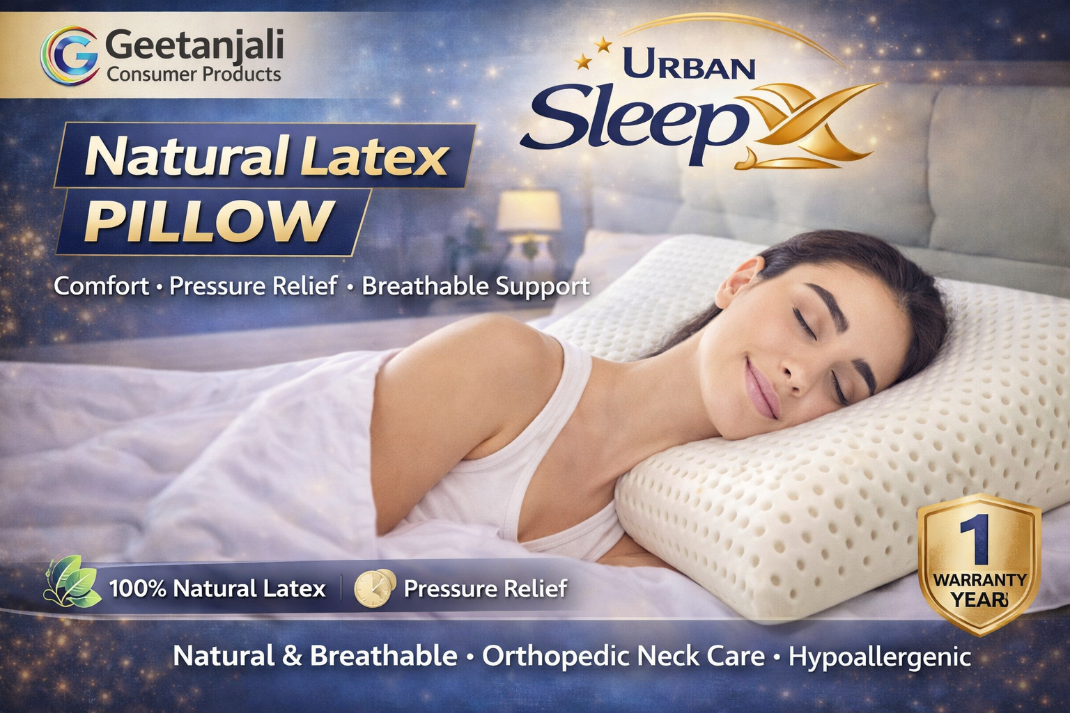 Urban SleepX Natural Latex Pillow  100% Natural Latex | Orthopedic Neck Care | Breathable & Hypoallergenic Powered by Geetanjali Consumer Products